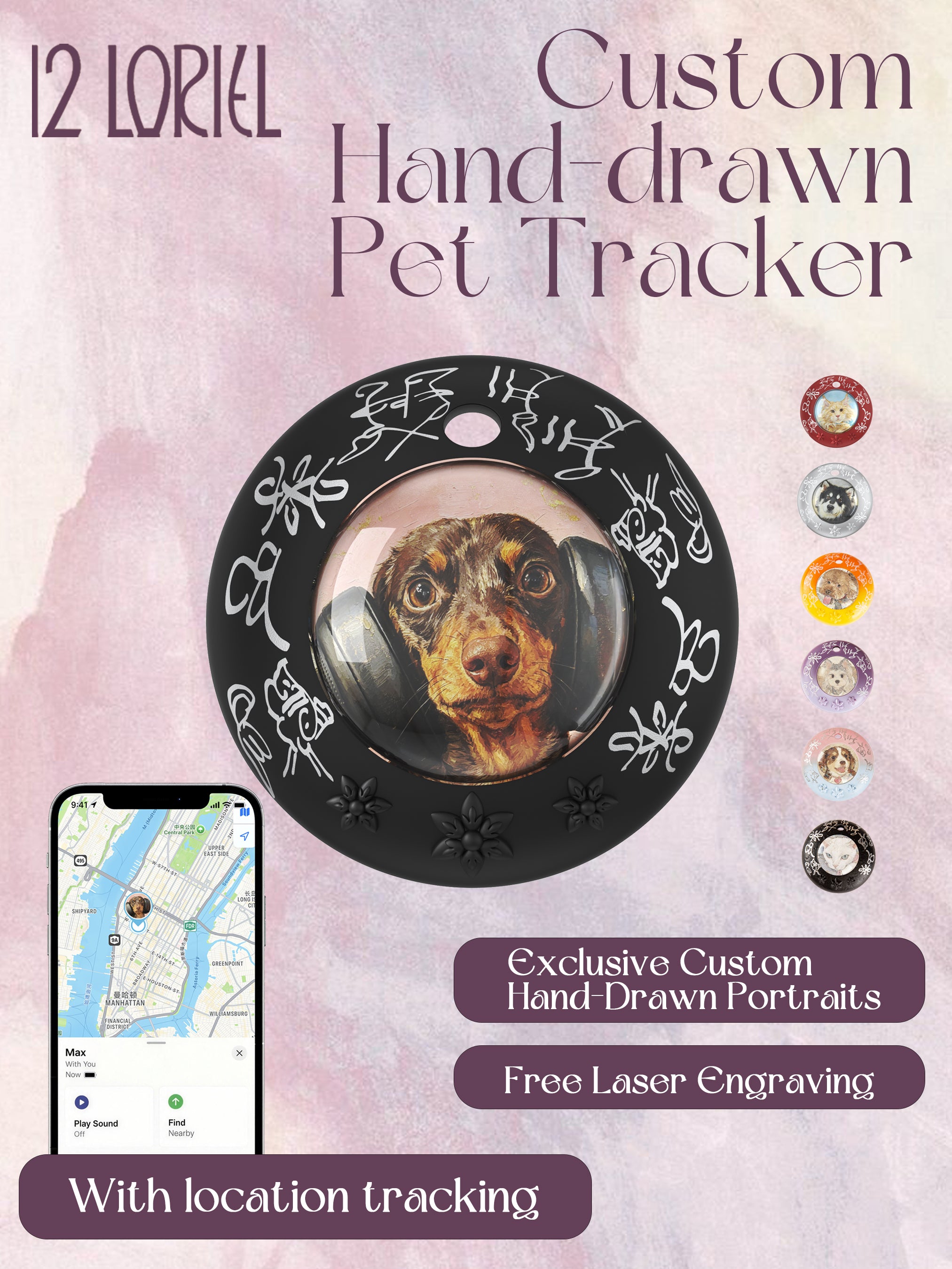 Custom Hand-drawn Pet Tracker(With strap)