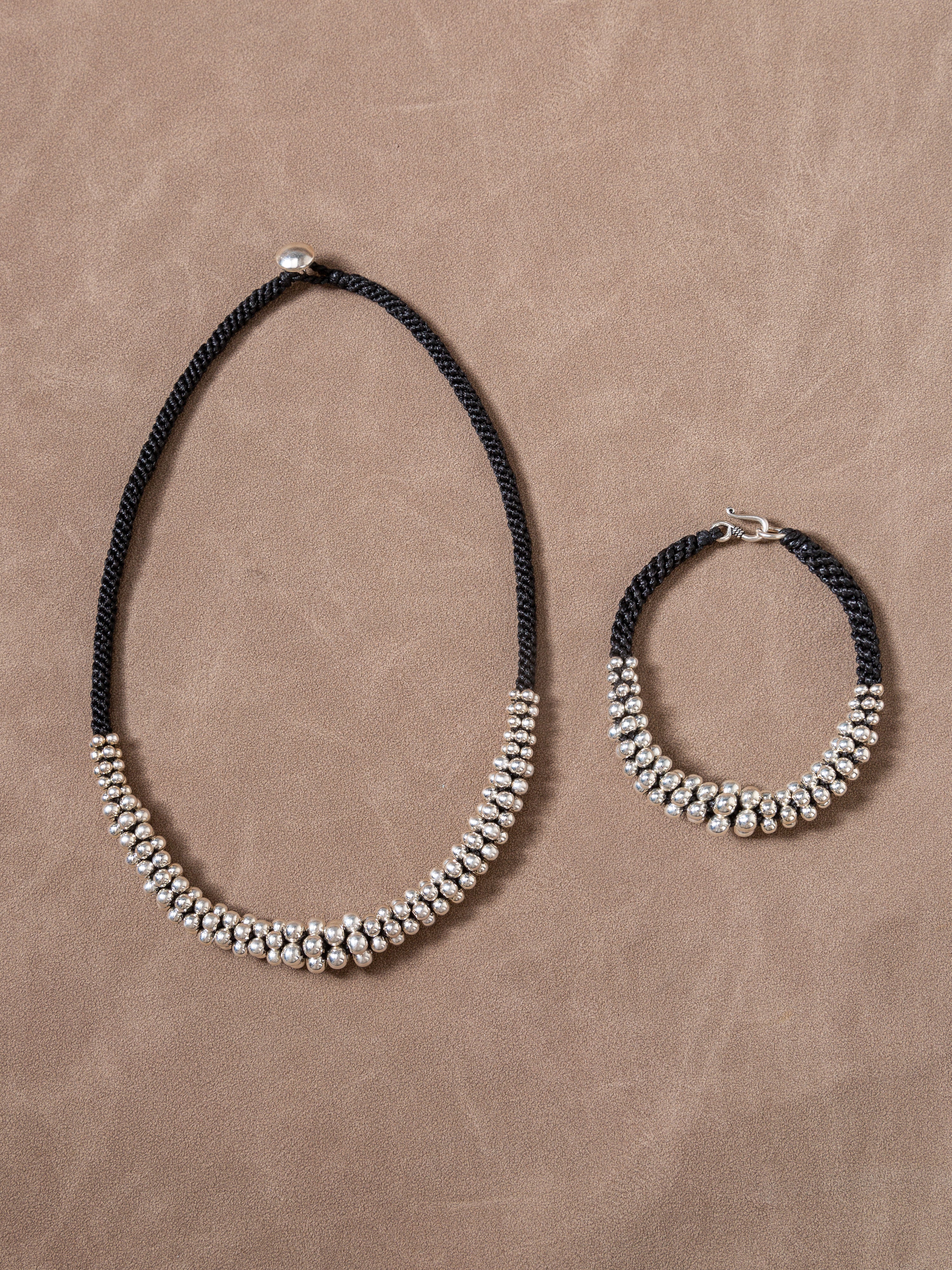 Hand-Woven 925 Silver Bead Necklace&Bracelet