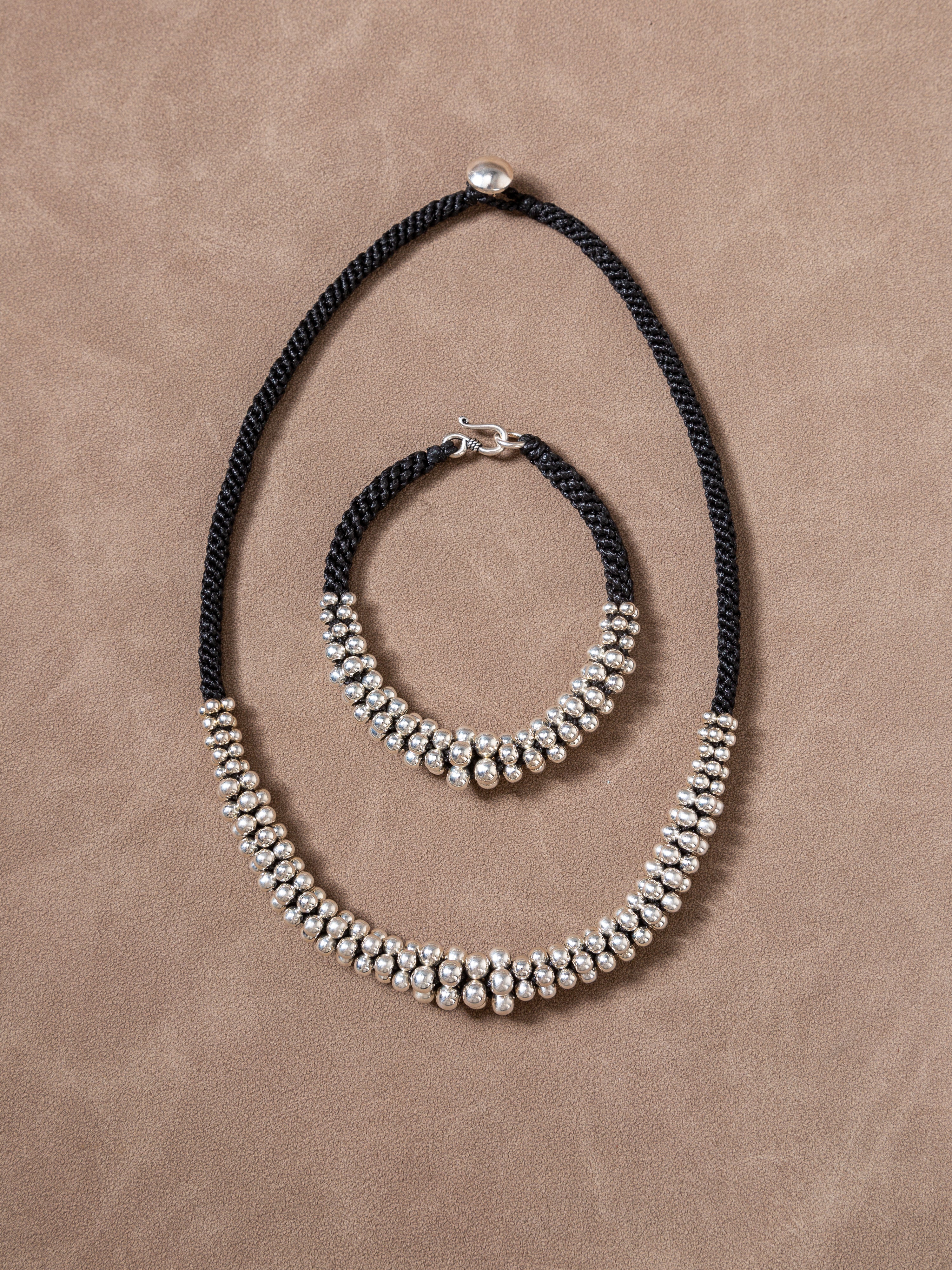 Hand-Woven 925 Silver Bead Necklace&Bracelet